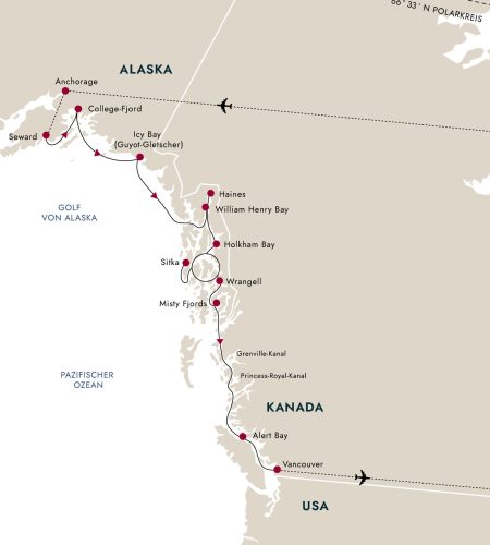 Routenkarte Alaska und Kanada Hurtigruten 2025